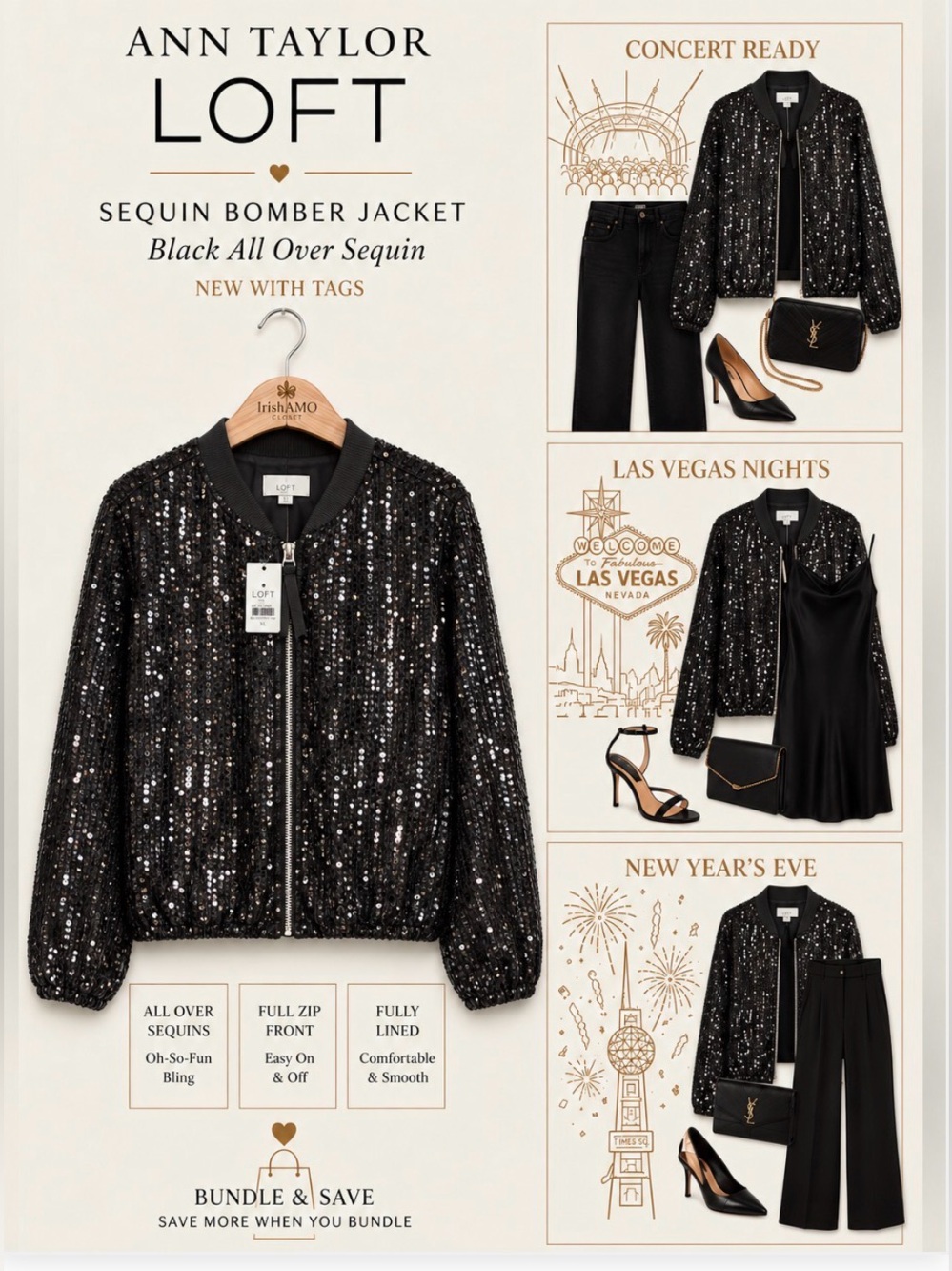 LOFT Black Sequin Bomber Jacket - Sparkle | Party | Vegas | New Years Eve | XL